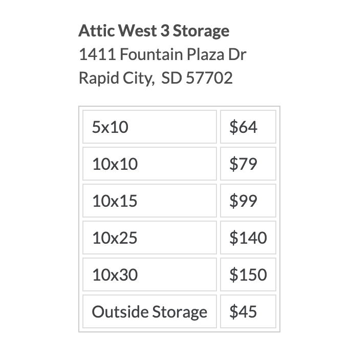 Attic West 3 Storage prices